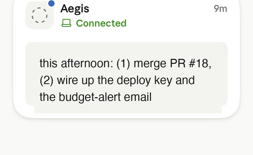 A connected session's task list from the phone: merge a PR, wire up a deploy key, set a budget-alert email