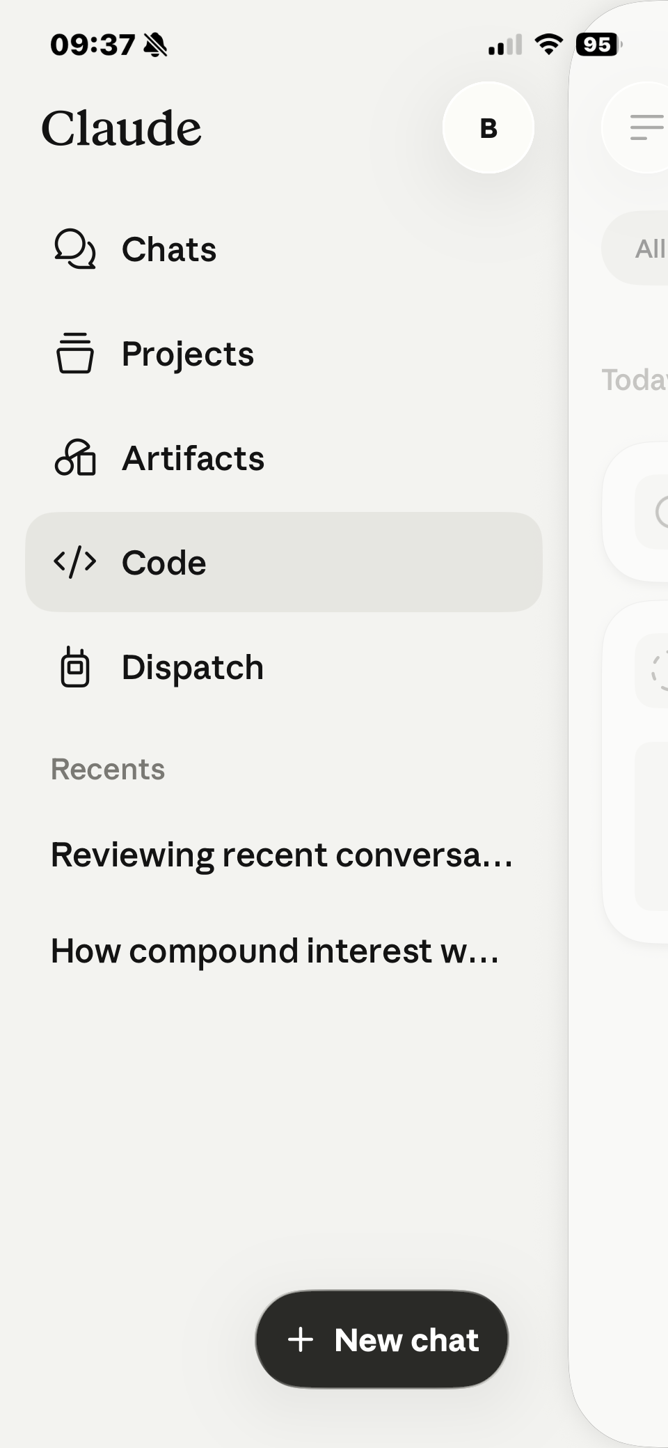 The Code tab in the Claude mobile app navigation