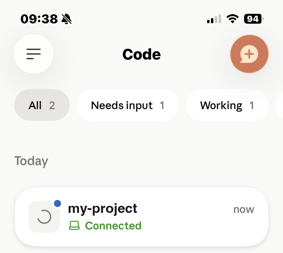 A local session showing a green Connected status in the Code list