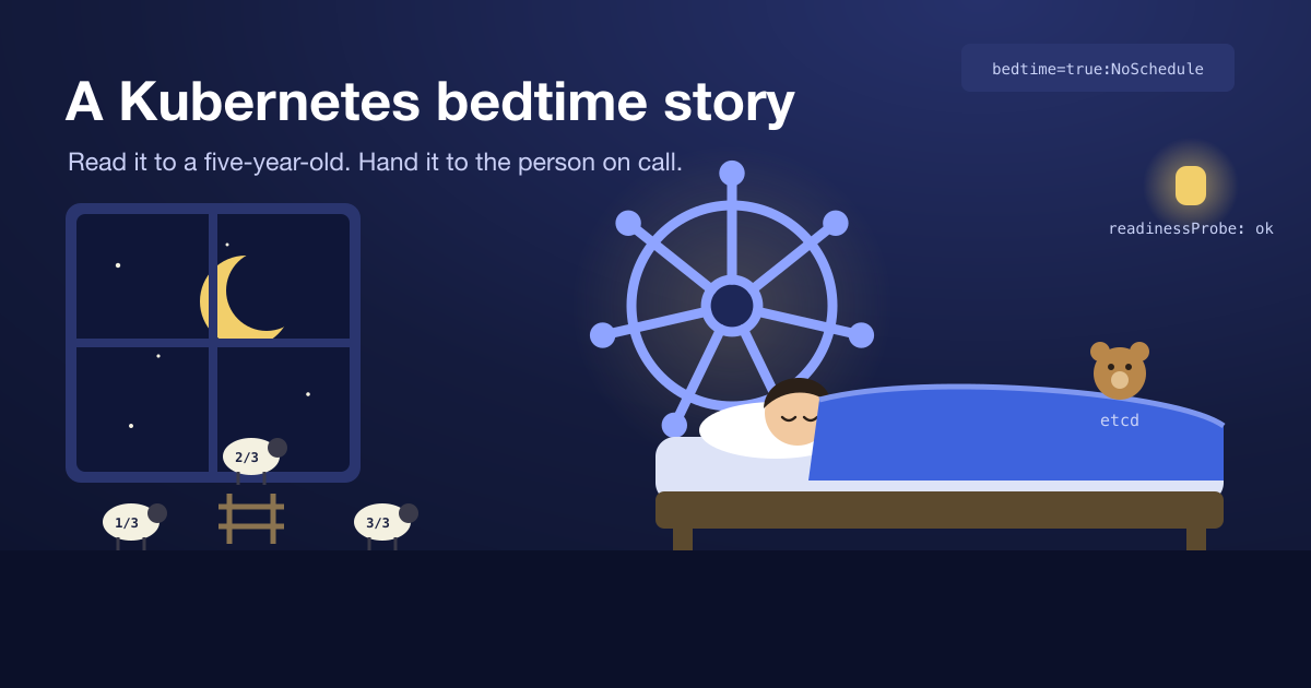 床頭板是 Kubernetes 舵輪的兒童床,窗外有月亮